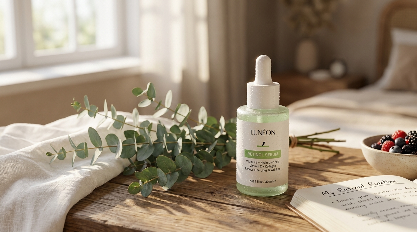 LUNÉON Retinol Serum auf einem Holztisch neben Eukalyptuszweig und einem aufgeschlagenen Notizbuch