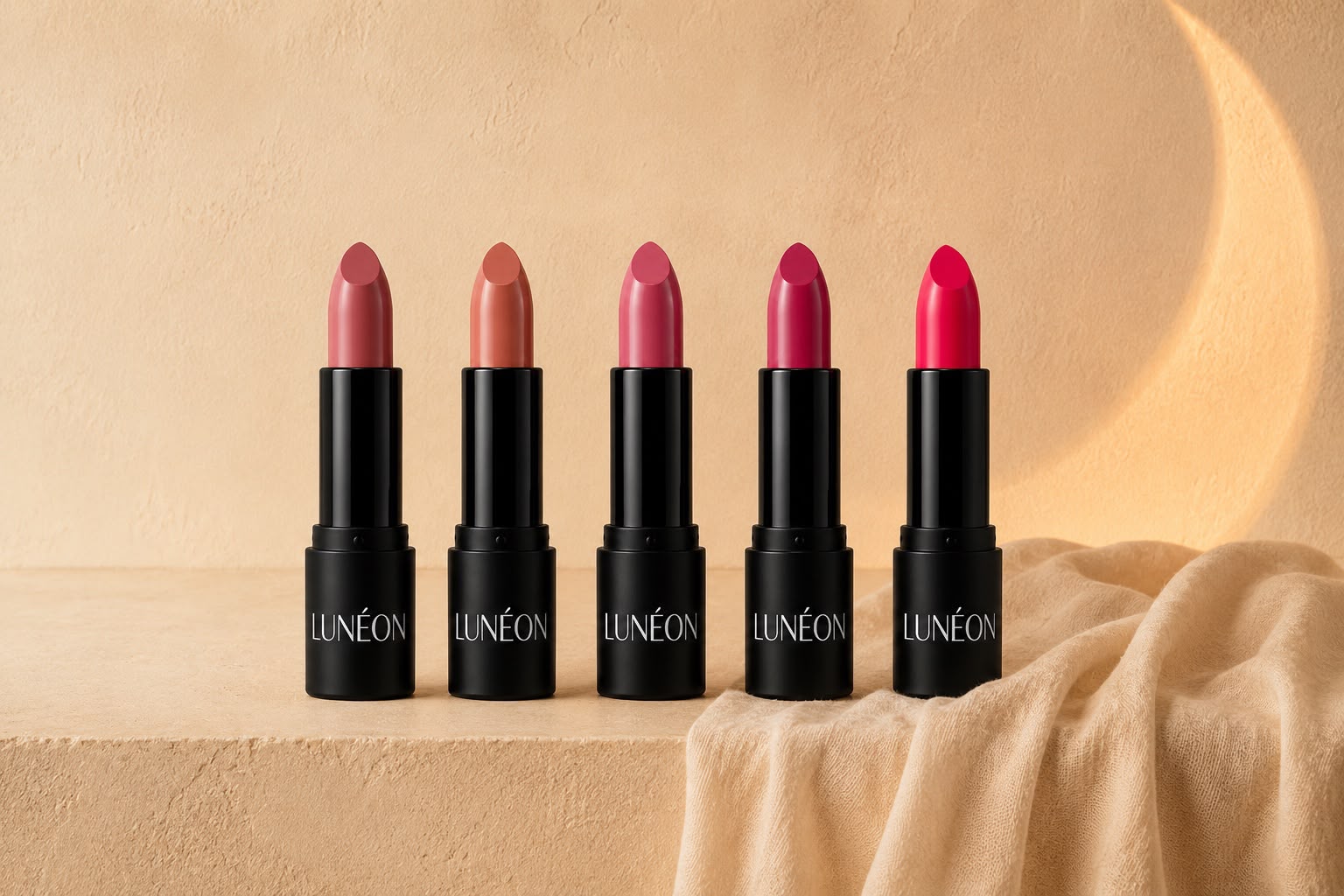 LUNÉON Velvet Silky Lipstick auf einem Marmorpodest vor aprikotfarbenem Rund