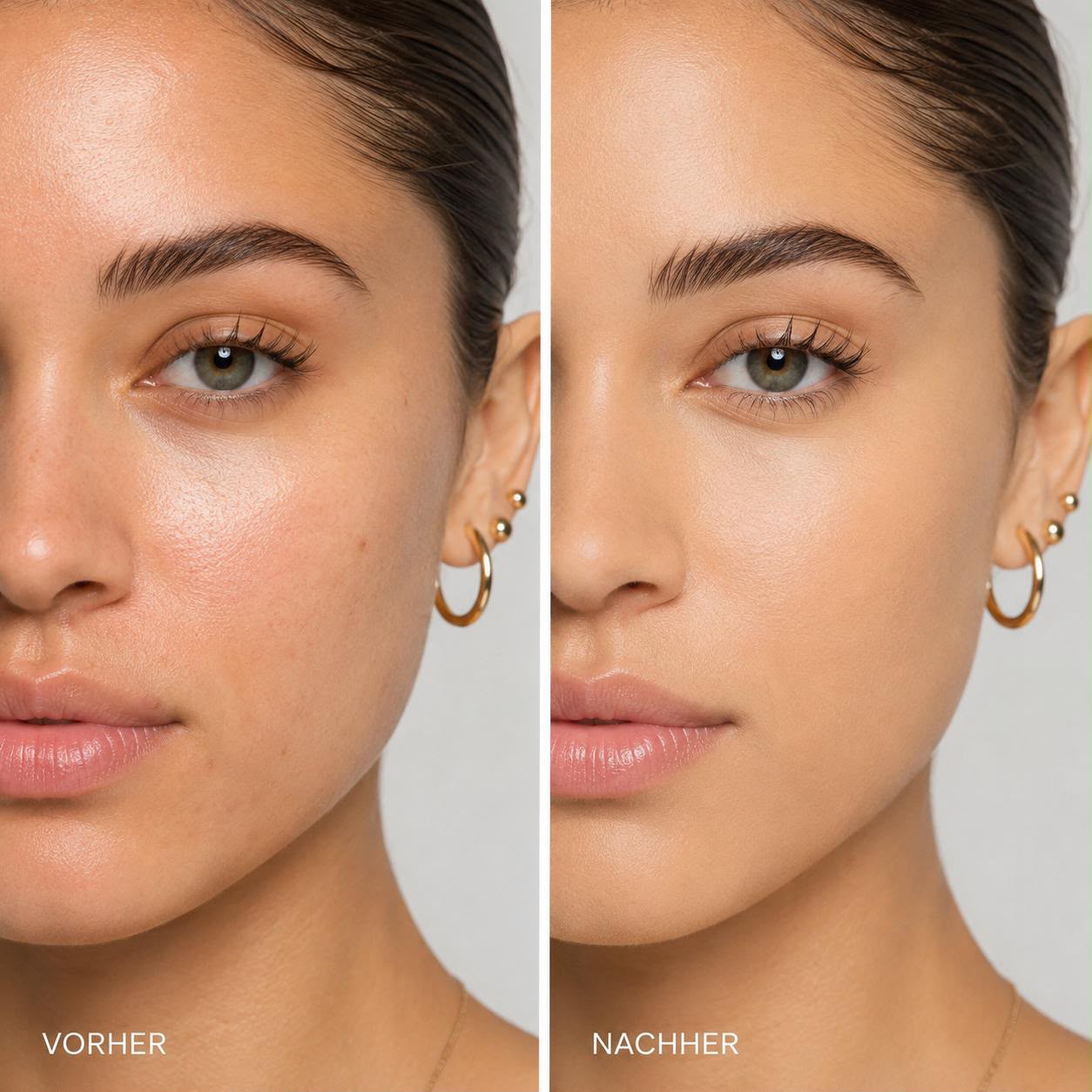 Vorher-Nachher: heller Teint mit LUNÉON Foundation 03 Sand