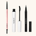 LUNÉON Augen-Set: Extremely Thin Eyebrow Pencil, Lengthening Mascara und Liquid Eyeliner nebeneinander