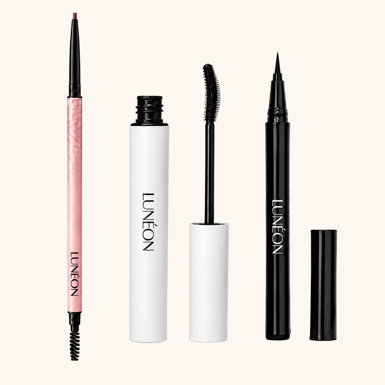 LUNÉON Augen-Set: Extremely Thin Eyebrow Pencil, Lengthening Mascara und Liquid Eyeliner nebeneinander