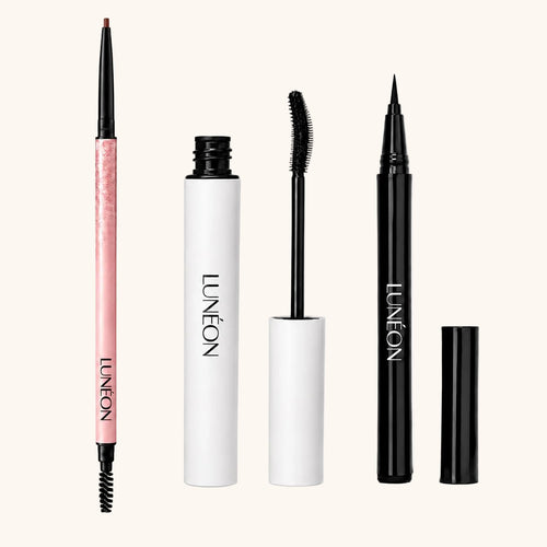 LUNÉON Augen-Set: Extremely Thin Eyebrow Pencil, Lengthening Mascara und Liquid Eyeliner nebeneinander