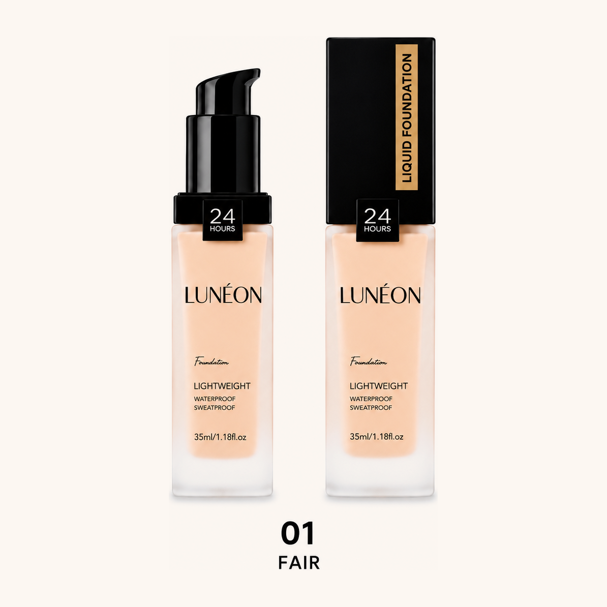 LUNÉON Liquid Foundation in 01 Fair, Glasflakon mit Pumpspender