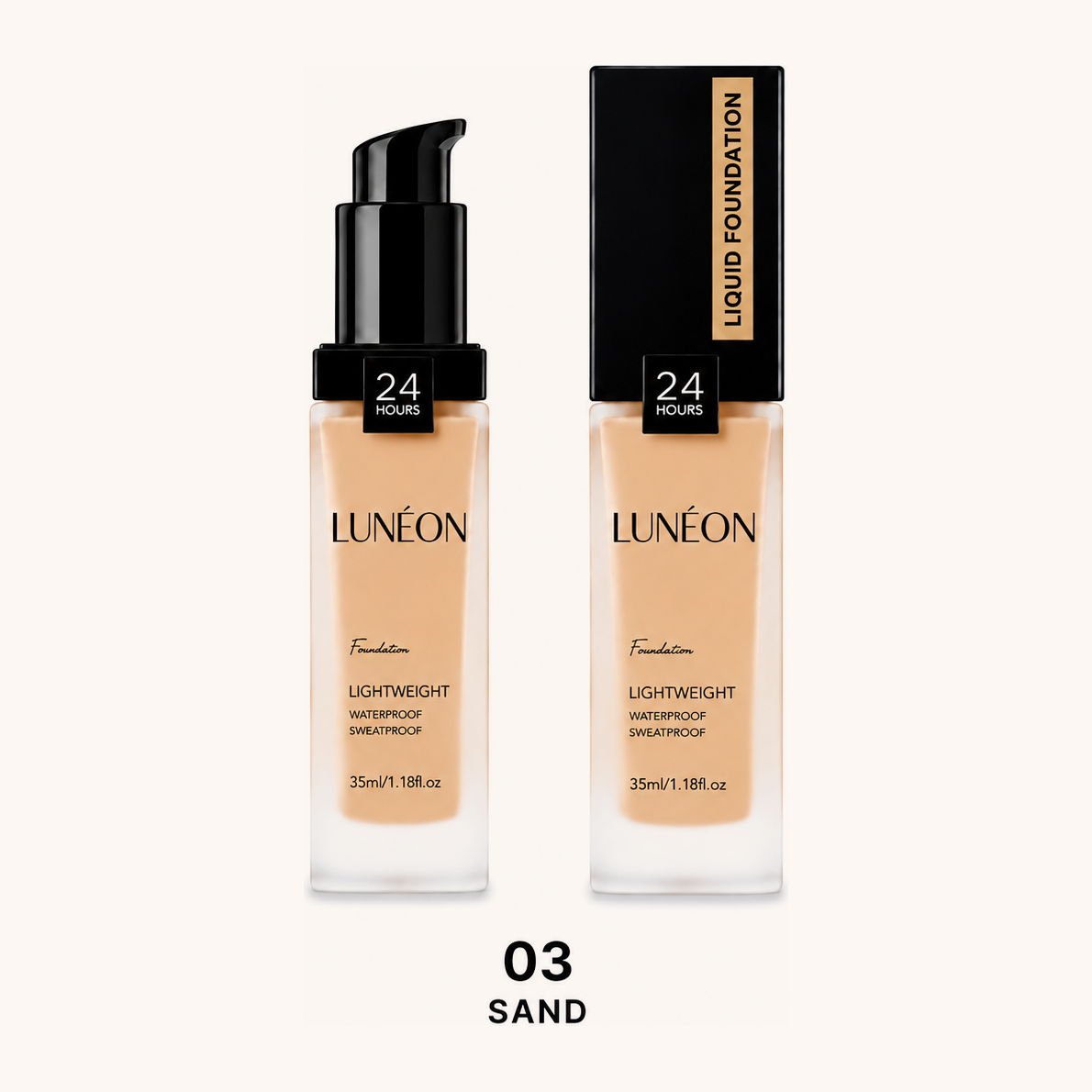 LUNÉON Liquid Foundation in 03 Sand, Glasflakon mit Pumpspender
