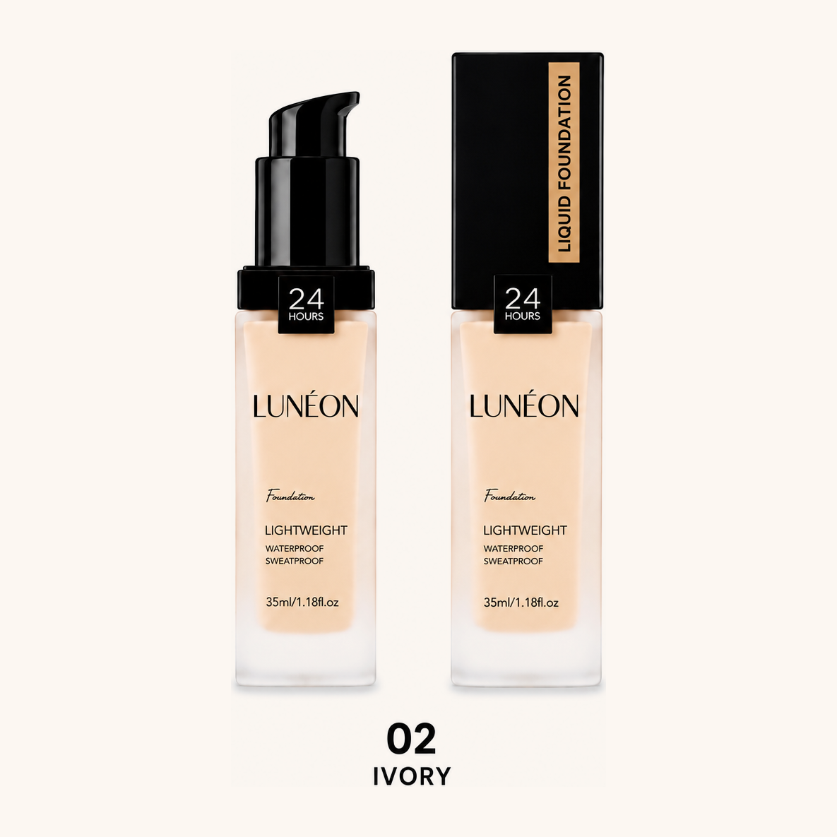 LUNÉON Liquid Foundation in 02 Ivory, Glasflakon mit Pumpspender