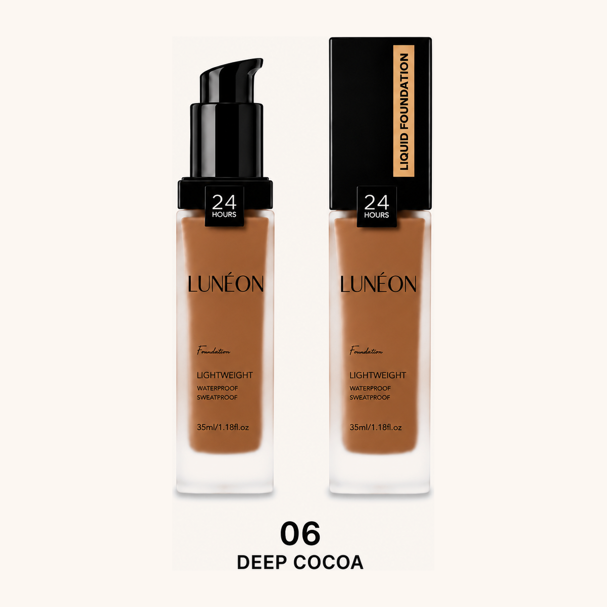 LUNÉON Liquid Foundation in 06 Deep Cocoa, Glasflakon mit Pumpspender