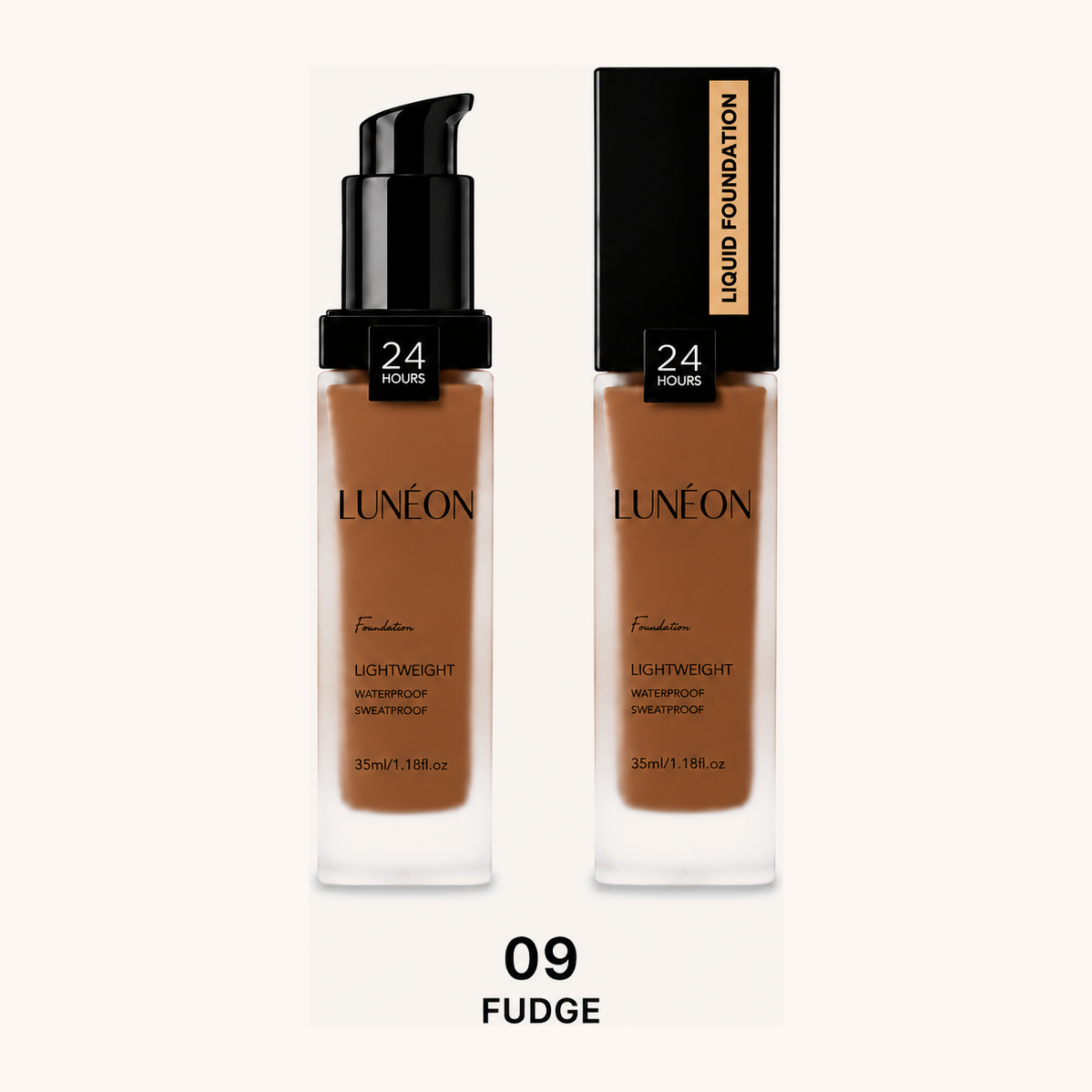LUNÉON Liquid Foundation in 09 Fudge, Glasflakon mit Pumpspender