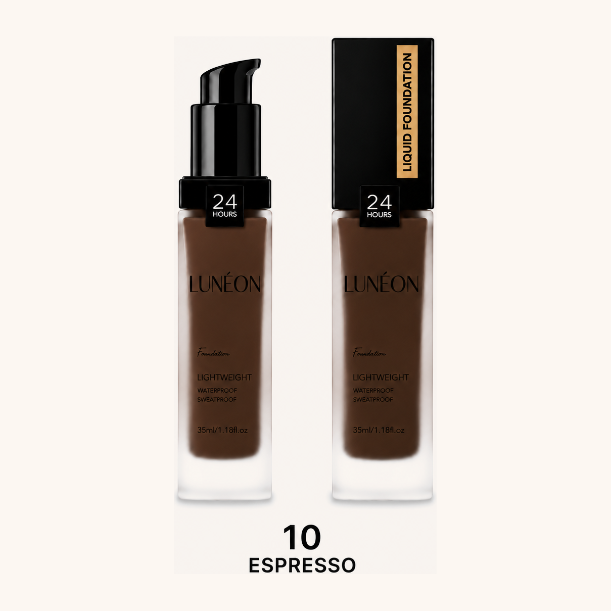 LUNÉON Liquid Foundation in 10 Espresso, Glasflakon mit Pumpspender