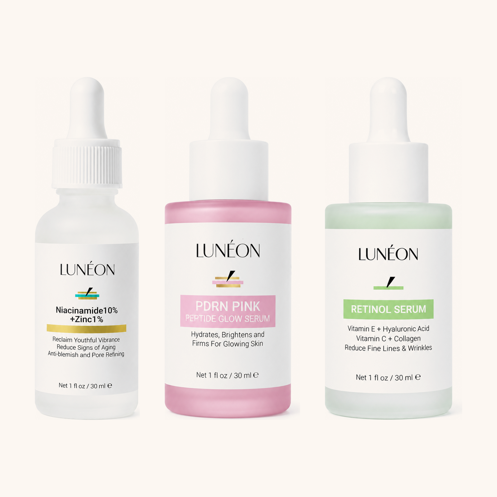 LUNÉON Seren-Set: Niacinamide 10% + Zinc 1%, PDRN Peptide Glow und Retinol Serum nebeneinander